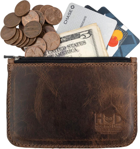 Hide & Drink, Zippered Wallet, Card Case, Folded Bills Storage, Coin Organizer, Travel Accessories, Full Grain Leather, Handmade, Bourbon Brown...