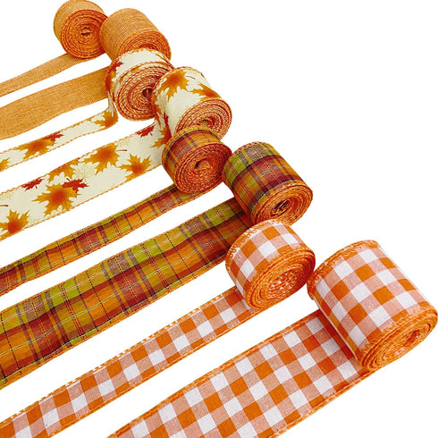 8 Rolls 40 Yards Fall Plaid Ribbon Wired Edge Ribbon Fall Leaves Ribbon Wrapping Craft Ribbon for Thanksgiving Farmhouse Wreath Bows Crafting Supp...