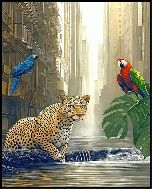 Posterizer-jungle scene with animals in urban city setting -3-Abstract & Modern Art-Art for Animal Lovers-Decor for Home & Office- unframed wall a...