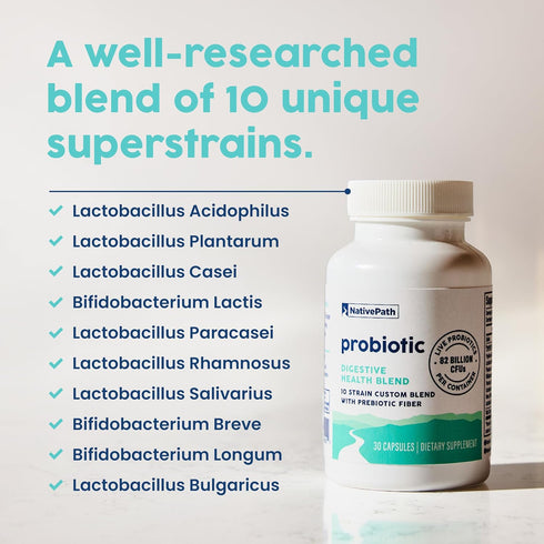 NativePath Daily Probiotic, 10-Strain Custom Blend Probiotics Supplement for Men and Women, 82 Billion CFUs - 30 Count...