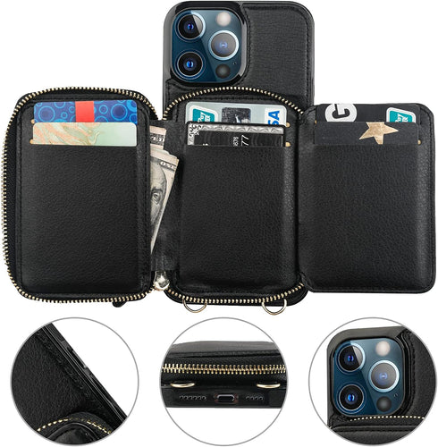 Bocasal RFID Blocking Wallet Case for iPhone 13 Pro Max, Adjustable Crossbody Zipper Purse Case Card Holder with Kickstand Detachable Wrist Strap,...