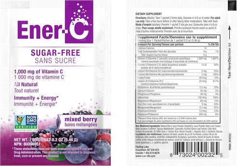 Ener-C Sugar Free Energy Mixed Berry Multivitamin Drink Mix Vitamin C 1000mg & Electrolytes - Natural Immunity Support with Real Fruit Juice Powde...