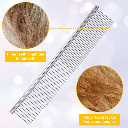 2pcs Dog Grooming Combs for Removing Tangles, Round Teeth Metal Cat Pet Hair Comb, Silver Large Professional Grooming Tool for Long Short Haired D...