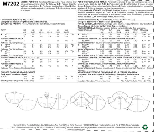 McCall's Pattern 7202, Misses Ponchos,Sizes (16-18) (20-22) (24-26), ZZ (LRG-XLG-XXL), Multi-Colour...