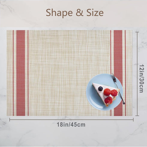 DACHUI Placemats Set of 4, Soft & Elegant Woven Vinyl Place Mats, Water Resistant, Heat Resistant, Washable, Durable Table Mats (Red Stripes)...