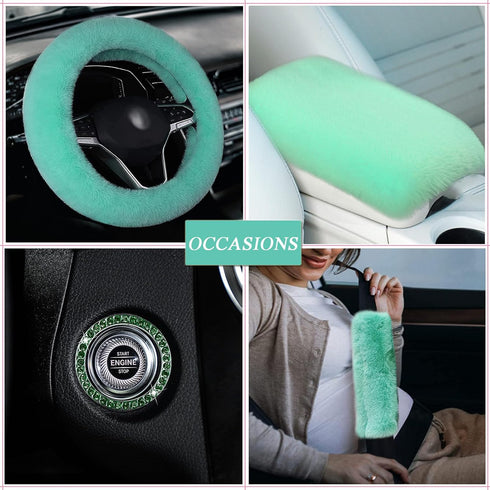 1 Set 8 Pieces Fluffy Steering Wheel Cover for Women, ZXGHIJJ Short Plush Fluffy Car Accessories Set Anti-Slip Car Steering Wheel Cover Furry Auto...