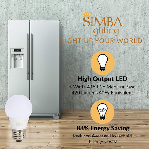 Simba Lighting LED A15 Refrigerator Light Bulbs (2-Pack) 5W 40W Replacement Waterproof Small for Appliances, Freezers, 120V, E26 Standard Medium B...