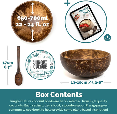 Jungle Culture 1 Coconut Bowl & Spoon with FREE eBook • Wooden Bowl • Salad Serving Bowl • Acai Smoothies Pasta Cereal Bowl • Vegan Gift Ideas • E...