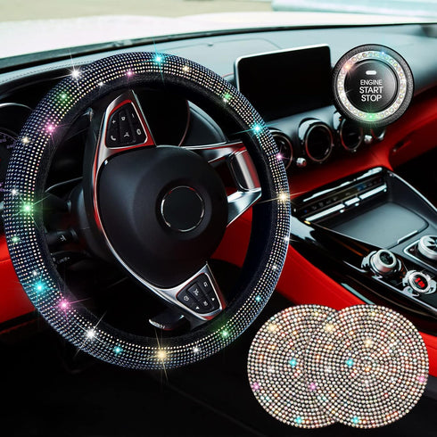 5 PCS Crystal Diamond Bling Steering Wheel Cover Car Rhinestone Sticker for Car Start Button Starter Ring Car Interior Accessories (Rainbow)...