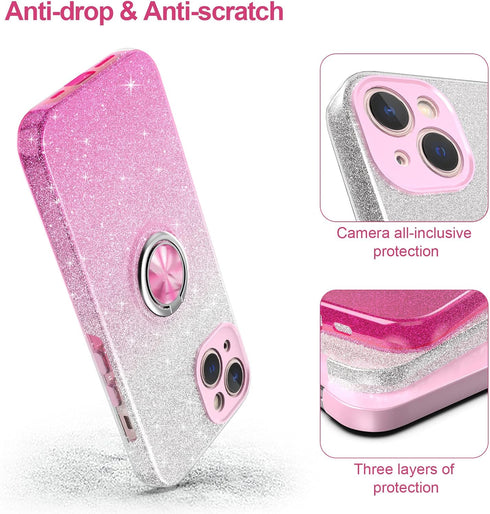 for iPhone 13 Case,Slim Glitter Sparkly Case with 360°Ring Holder Kickstand Magnetic Car Mount Shock-Absorbent Protective Sturdy Cover for iPhone ...