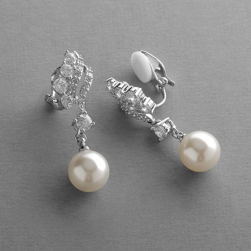 Mariell Pearl Clip-On Wedding Bridal Earrings, Cubic Zirconia Pearl Drop Earrings for Brides, Bridesmaid,...