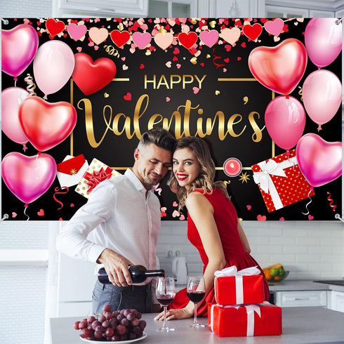 Sumind Happy Valentine‘s Day Banner 73''x43'' Heart Photography Backdrop Large Valentines Day Background Party Decorations Photo Booth Prop(Black ...