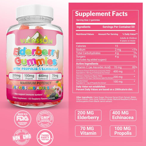 Black Sambucus Elderberry Gummies with Propolis & Echinacea + Vitamin C Antioxidant Flavonoids Immune System Booster for Kid & Adult Vegan Friendl...