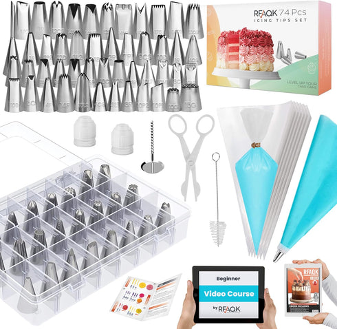 RFAQK 74 PCs Icing Piping Bags and Tips Set, Cake Decorating Kit with 48-Numbered Piping Tips, 20+1 Pastry Bags for Cookie Cupcake Cake Decoration...