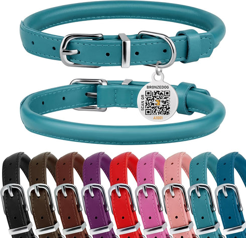 BRONZEDOG Rolled Leather Dog Collar for Small Medium Large Dogs with QR ID Tag (M: 14-16 Inch, Teal)...