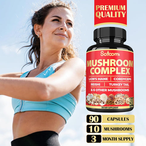 Satoomi 90 Capsules - 10in1 Turkey Tail Supplement with Lions Mane, Turkey Tail Mushroom, Reishi Mushroom & Others - for 90 Days...