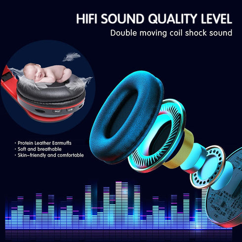 Bluetooth Wireless Over Ear Headphones, HiFi Stereo Sound Foldable Headphones,Colorful LED Lights Headphones with Built-in Mic,Wired for School/Ta...