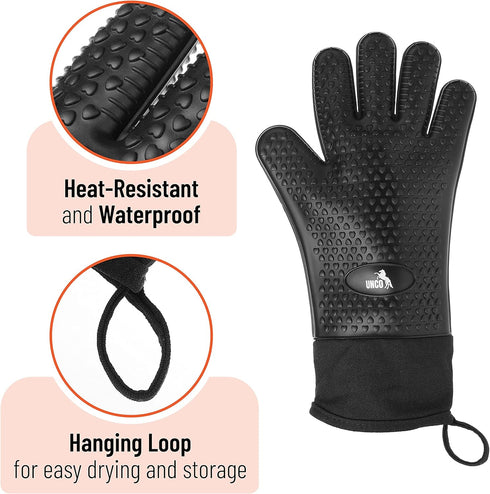 UNCO- Grill Gloves, Silicone Gloves Heat Resistant, Oven Gloves, BBQ Gloves, Meat Gloves, Barbecue Gloves, Grilling Gloves, Meat Gloves for Pullin...