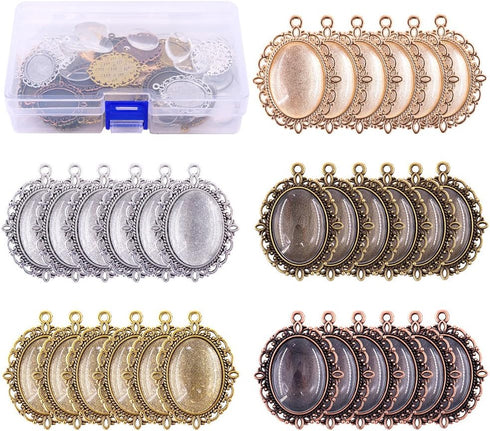 Swpeet 60 Pcs Pendant Trays Kit, Including 30 Pieces 5 Colors Pendant Trays Oval Bezels with 30 Pieces Glass Dome Tiles for Crafting DIY Jewelry M...