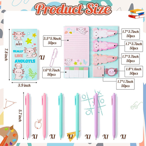Axolotl Sticky Note A5 Notebooks Pens Stationery Set - Axolotl Self-Stick Notes Pads Spiral Notebooks Black Gel Ballpoint Pens Back to School Offi...