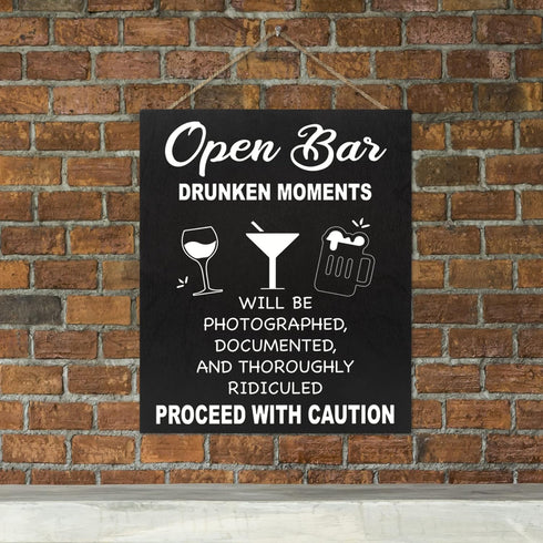 JennyGems Open Bar Hanging Wood Sign | Drunken Moments Will Be Photographed Documented and Thoroughly | Funny Wedding Reception Decor Sign | Birth...