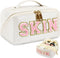 Large Capacity Travel Cosmetic Bag, Synthetic Leather Open Flat Makeup Bag for Women Letter Toiletry Bag with Dividers and Handle...