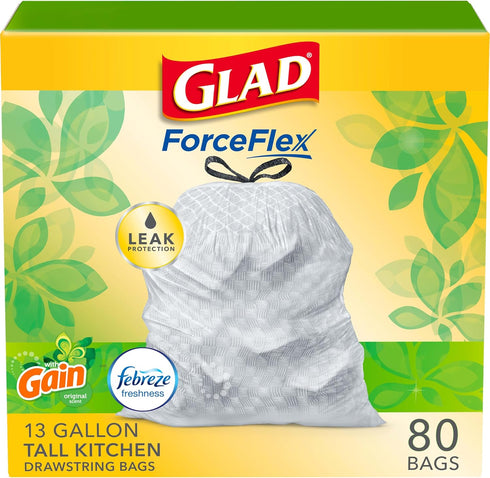 Glad Trash Bags, ForceFlex Tall Kitchen Drawstring Garbage Bags,13 Gal, Gain Original with Febreze, 80 Ct...