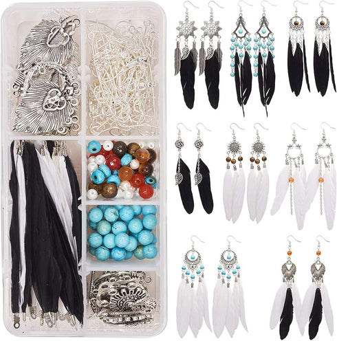 SUNNYCLUE 1 Box DIY 8 Pairs Bohemia Black White Long Feathers Dangle Hook Earring Making Kit with Instruction Jewelry Findings Making Crafts for W...