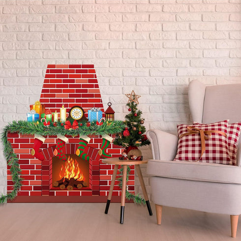TaoBary Christmas Cardboard Fireplace 35.4 x 38.6 Inch Red Brick Bulletin Board Decoration Christmas Holiday Hearth Bulletin Board with 16.4 ft PV...