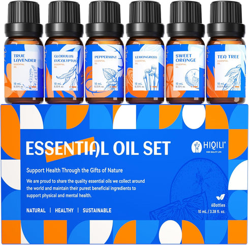 HIQILI Essential Oils for Diffusers for Home?Top 6 Gift Essential Oil Set?Include Lavender, Orange, Peppermint, Tea Tree, Eucalyptus, Lemongrass?B...