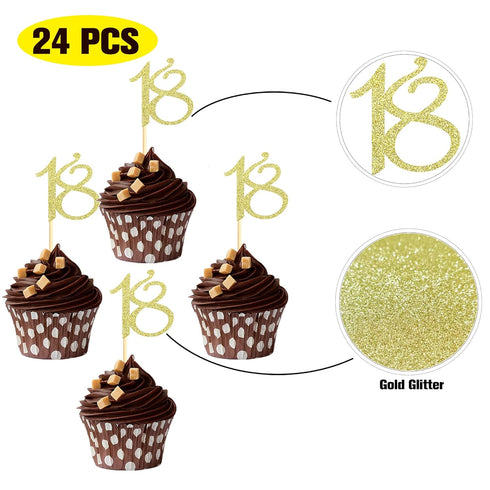 24 PCS 18th Cupcake Toppers - Anniversary or Birthday Cupcake Picks Party Decoration Supplies | Gold 18th...