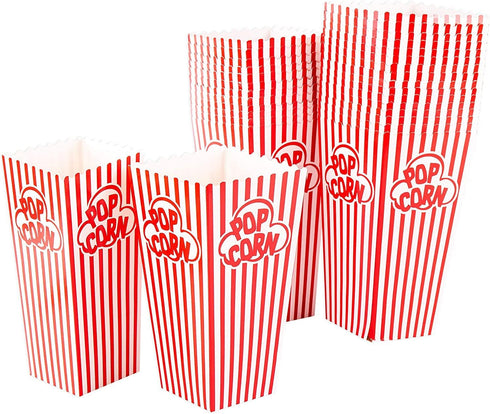 GSM Brands Popcorn Containers Boxes (100 Pack) - Striped White and Red Paper - for Home Movie Theater...