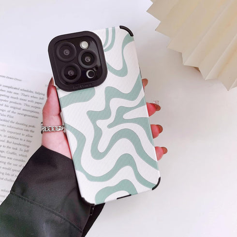 for iPhone 13 Pro Max Case for Women Cute Green White Wave Design Slim Protective Shockproof Phone Case PU Leather TPU Back Case for iPhone 13 Pro...