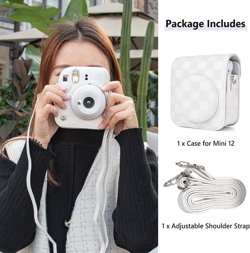 Camera Case Compatible with Fujifilm Instax Mini 12 Instant Camera, Checkerboard Style Camera Carry Bag for Polaroid Instax Mini 12 with Strap - W...