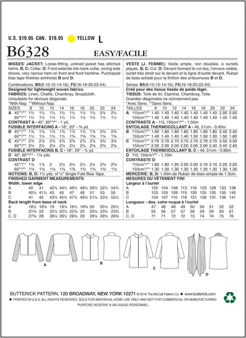 Butterick Patterns B6328 Misses' Open-Front Jackets, Size B5 (8-10-12-14-16)...