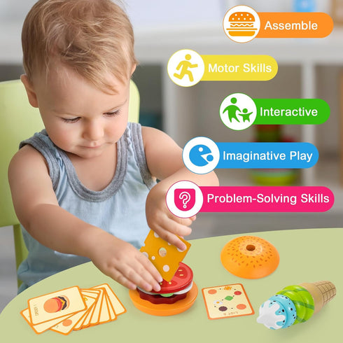 Bravmate Wooden Montessori Toys for 1 2 3 Years Old Kids, Realistic Burger & Ice Cream Toy, Stacking & Pretend Play for Little Chef, Preschool Pla...