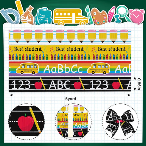 4 PCS Back to School Grosgrain Ribbons 3/4" School Decor Ribbons 5 Yards, School Bus Pencil Crayon Craft Ribbons for First Day of School Party Fav...