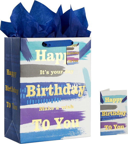 13" Large Happy Birthday Gift Bag with Card and Tissue Paper (Blue)...