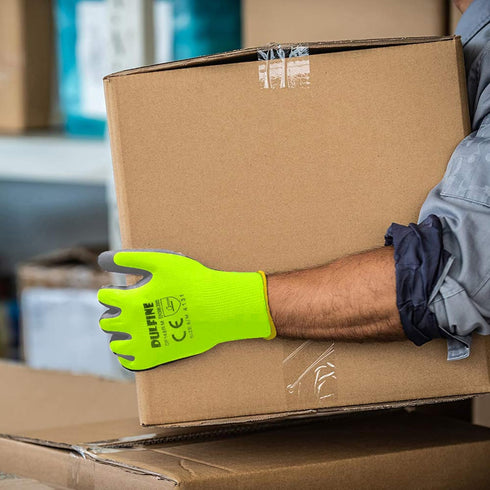 DULFINE Safety Work Gloves for Men PU Coated 12 Pairs Bulk Pack,Hi-Vis Yellow Seamless Knit Glove with thin Polyurethane Coated Smooth Grip on Pal...