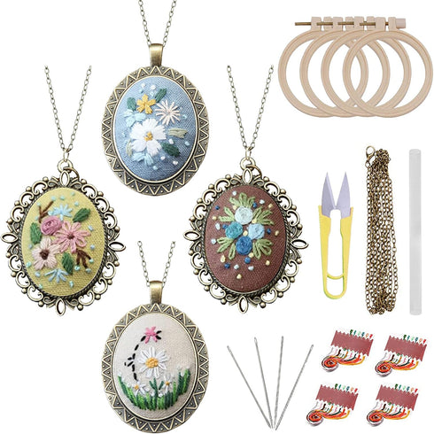 ZOCONE 4 Packs Embroidery Necklace Kits, Embroidery Pendant Kit Mini Cross Stitch Kit with 4 Hoops, Necklace, Pendant, Stamped Pattern Cloth, Inst...