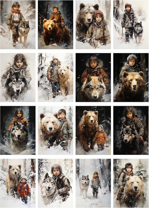 Decoupage Paper Pack (35 Sheets 6"x8") Brave Boys Walking Through Snowy Forests with Massive Bears and Wolves FLONZ Vintage Illustration Pictures ...