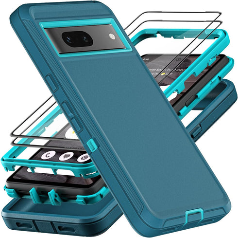 for Google Pixel 7a Case, Military Grade 3 in 1 Heavy Duty Shockproof/Drop Proof/Dust Proof Case with 2Pcs Tempered Glass Screen Protector (Blue/T...