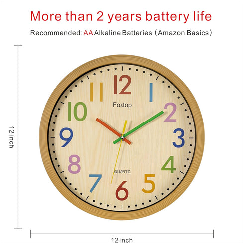 Foxtop Silent Kids Wall Clock 12 Inch Non-Ticking Battery Operated Colorful Childrens Clock for Classroom Playroom Nursery Bedrooms Kids Room Scho...
