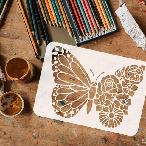 FINGERINSPIRE Floral Butterfly Painting Stencil 11.7x8.3 inch Hollow Out Big Butterfly Craft Stencil Reusable Various Flowers Stencil DIY Art Temp...