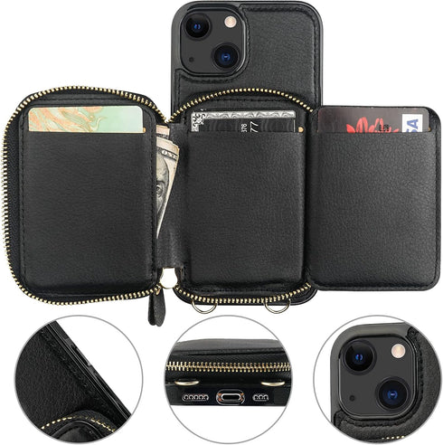Bocasal RFID Blocking Wallet Case for iPhone 14 iPhone 13, Adjustable Crossbody Zipper Purse Case Card Holder with Kickstand Detachable Wrist Stra...