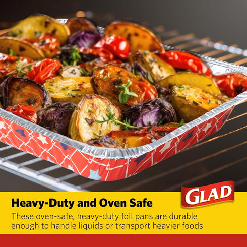 Glad Disposable Aluminum All Purpose Pans in Red, White & Blue Stars, 3ct with Lids - Printed Colorful Foil Steam Pans - 12.5” x 10.2” x 2.16” Alu...