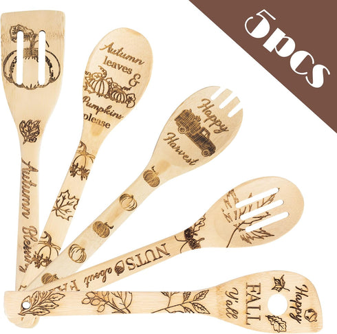 5Pcs Autumn Theme Wooden Spoons Utensils Set, Fall Pumpkin Cooking Utensils Non-Stick Spatula Carve Burned Bamboo Spoons Kitchen Cookware Gadget K...