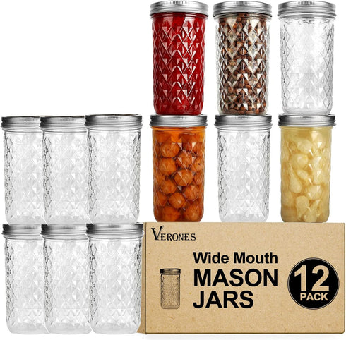 VERONES Wide Mouth Mason Jars 22oz, 12 Pack 22 oz Wide Mouth Mason Jars with Lids and Bands, Ideal for Jam, Honey, Wedding Favors, Shower Favors...