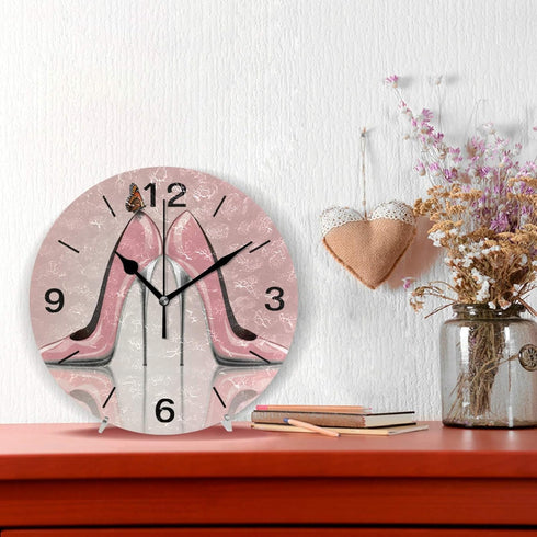 ALAZA Home Decor Butterfly High Heel Shoe Pink 9.5 inch Round Acrylic Wall Clock Non Ticking Silent Clock Art for Living Room Kitchen Bedroom(Blac...
