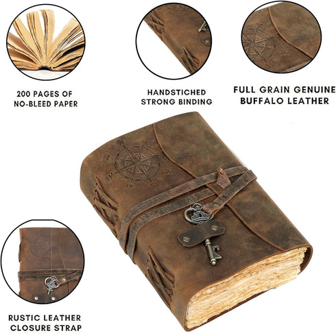cuero C Compass Vintage Leather Journal - Antique Handmade Leather Bound journal with deckle edge paper Diary - Leather Sketchbook - Drawing Journ...
